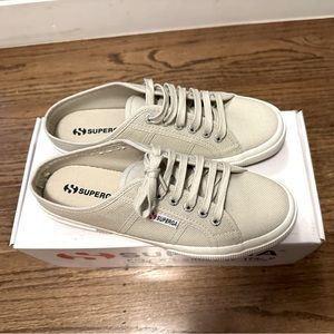 New with box, never worn, Superga gray sand canvas mules, size US 8.5/EU 39.5